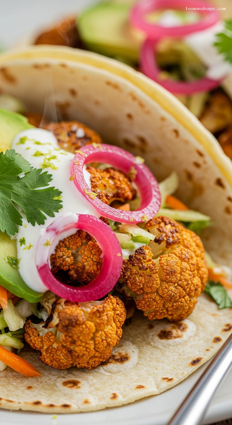 Ancho-Lime Roasted Cauliflower Tacos with Chipotle Crema – Closeup