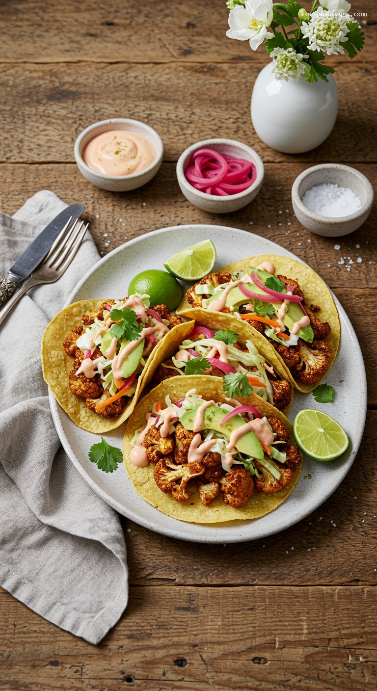 Ancho-Lime Roasted Cauliflower Tacos with Chipotle Crema