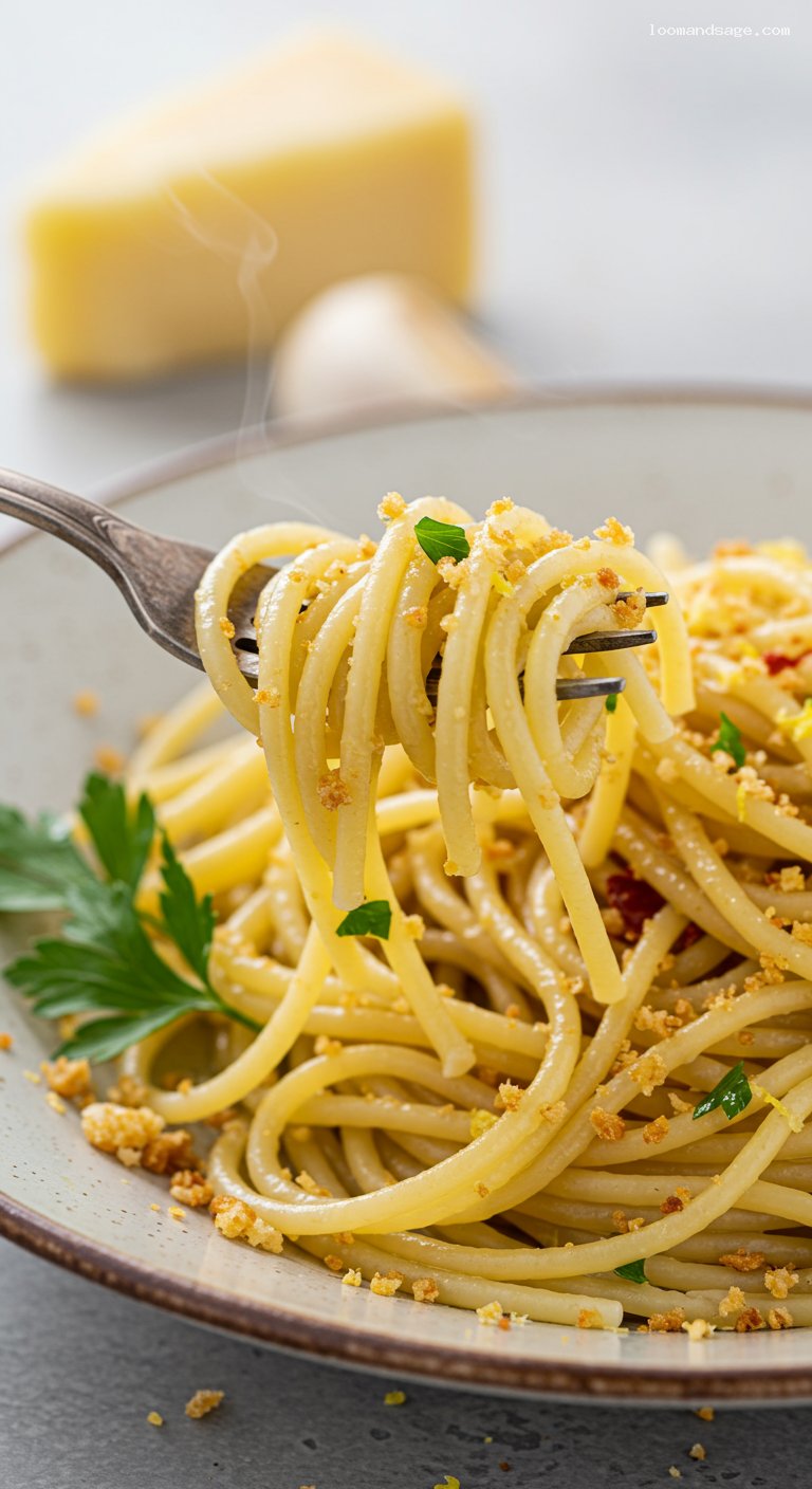 Anchovy Garlic Breadcrumb Spaghetti with Parsley – Closeup