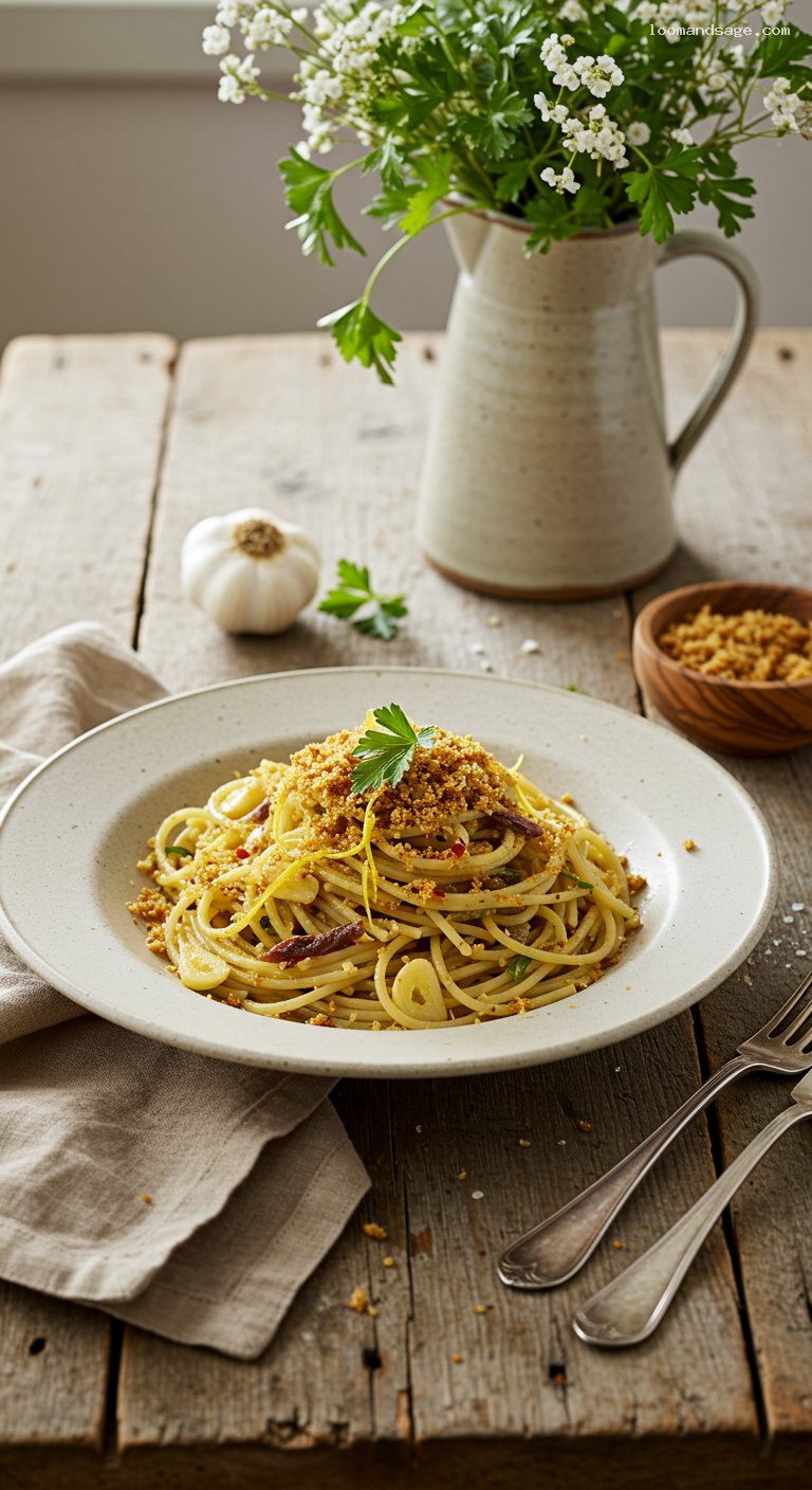Anchovy Garlic Breadcrumb Spaghetti with Parsley