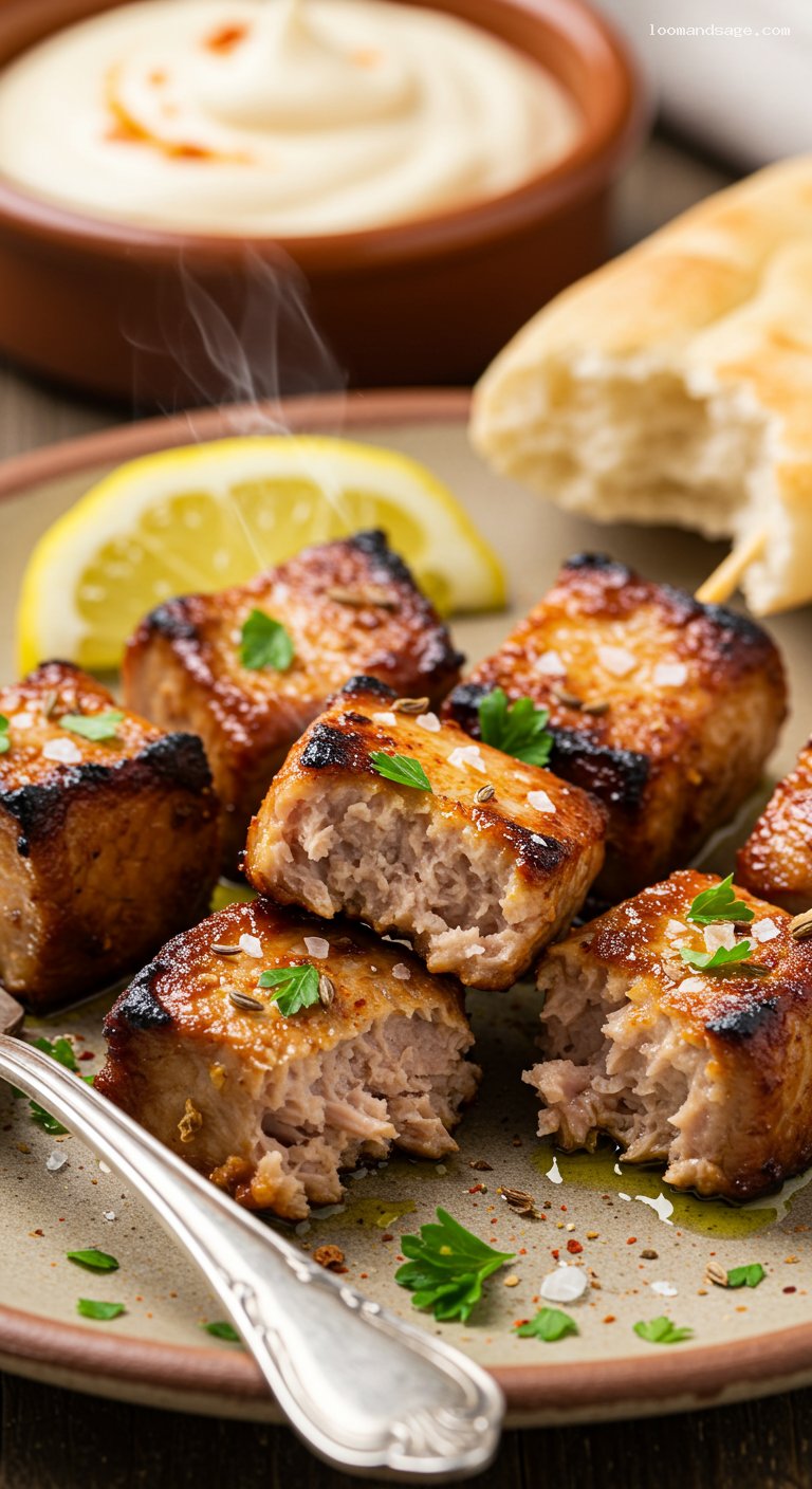 Andalusian Pinchos Morunos: Charred Cumin-Paprika Pork Skewers – Closeup