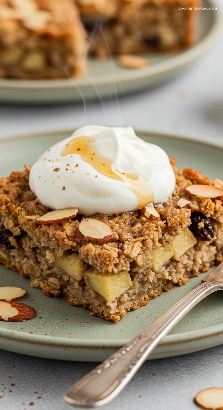Apple-Cinnamon Baked Oatmeal with Raisins and Almonds – Closeup