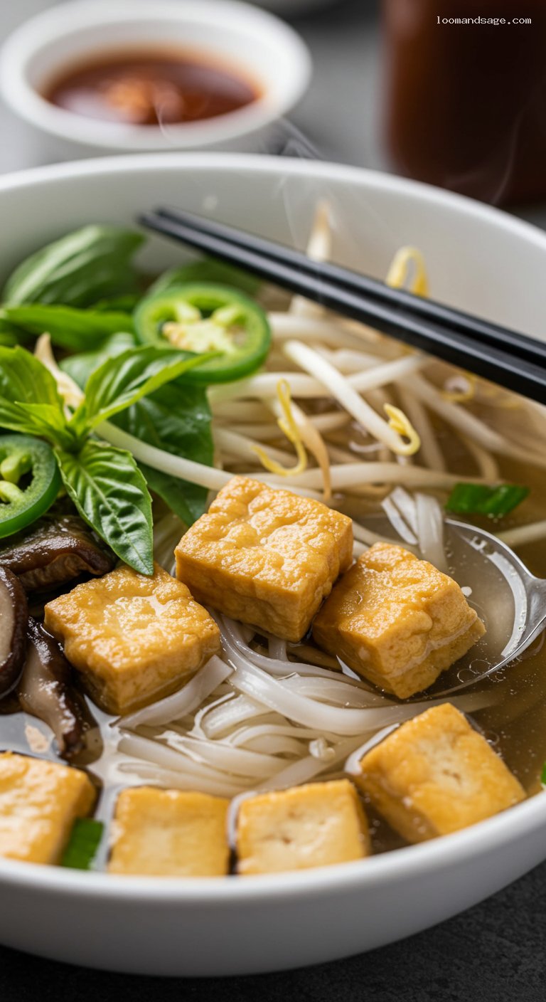 Aromatic Vegetarian Pho with Tofu or Mushrooms – Closeup