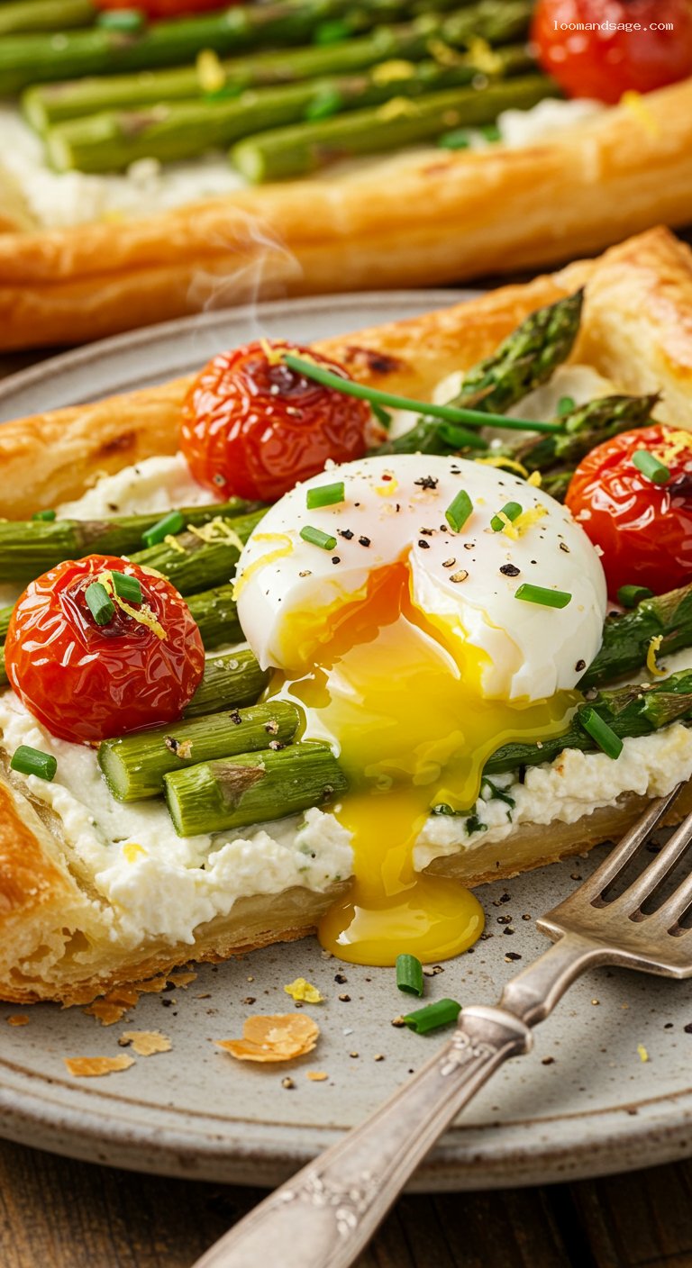 Asparagus and Tomato Puff Pastry Brunch Tart – Closeup