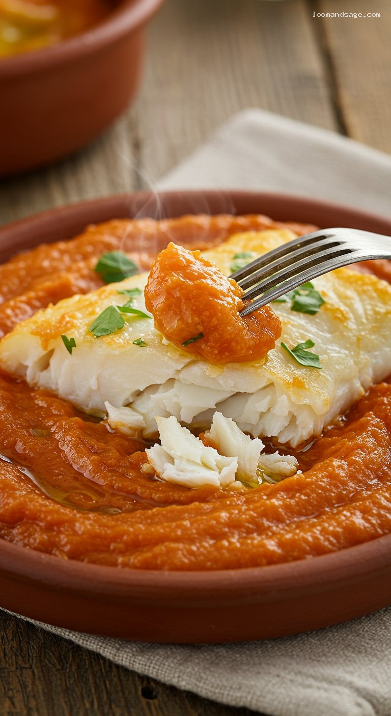 Bacalao a la Vizcaína with Choricero Pepper Sauce – Closeup