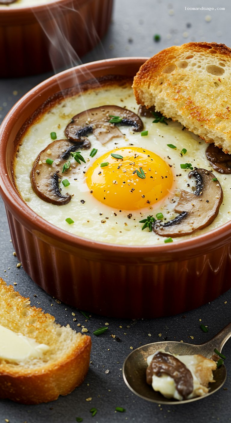 Baked Eggs en Cocotte with Mushrooms and Parmesan – Closeup