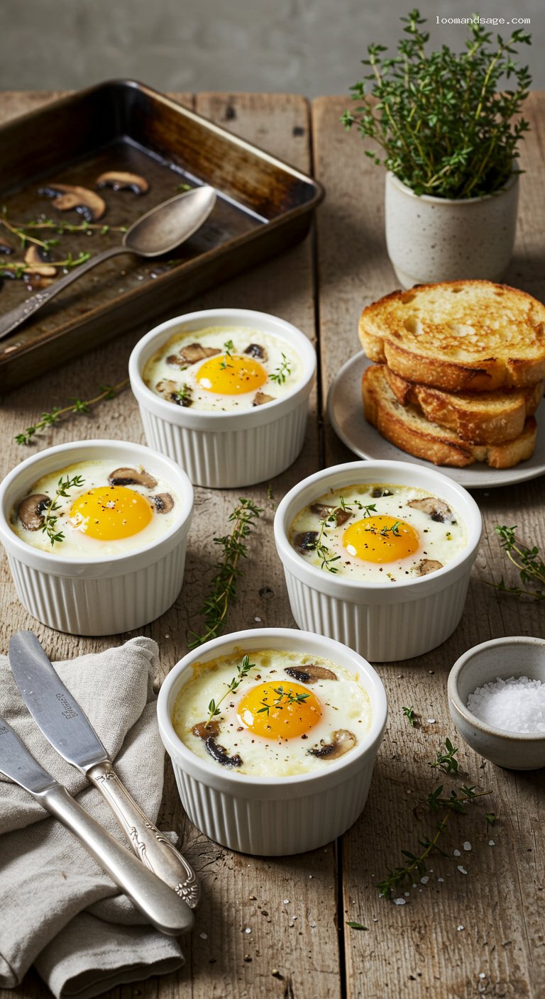 Baked Eggs en Cocotte with Mushrooms and Parmesan