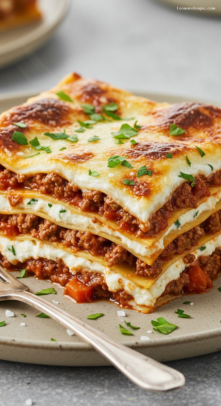 Baked Lasagna Bolognese with Ricotta and Mozzarella – Closeup