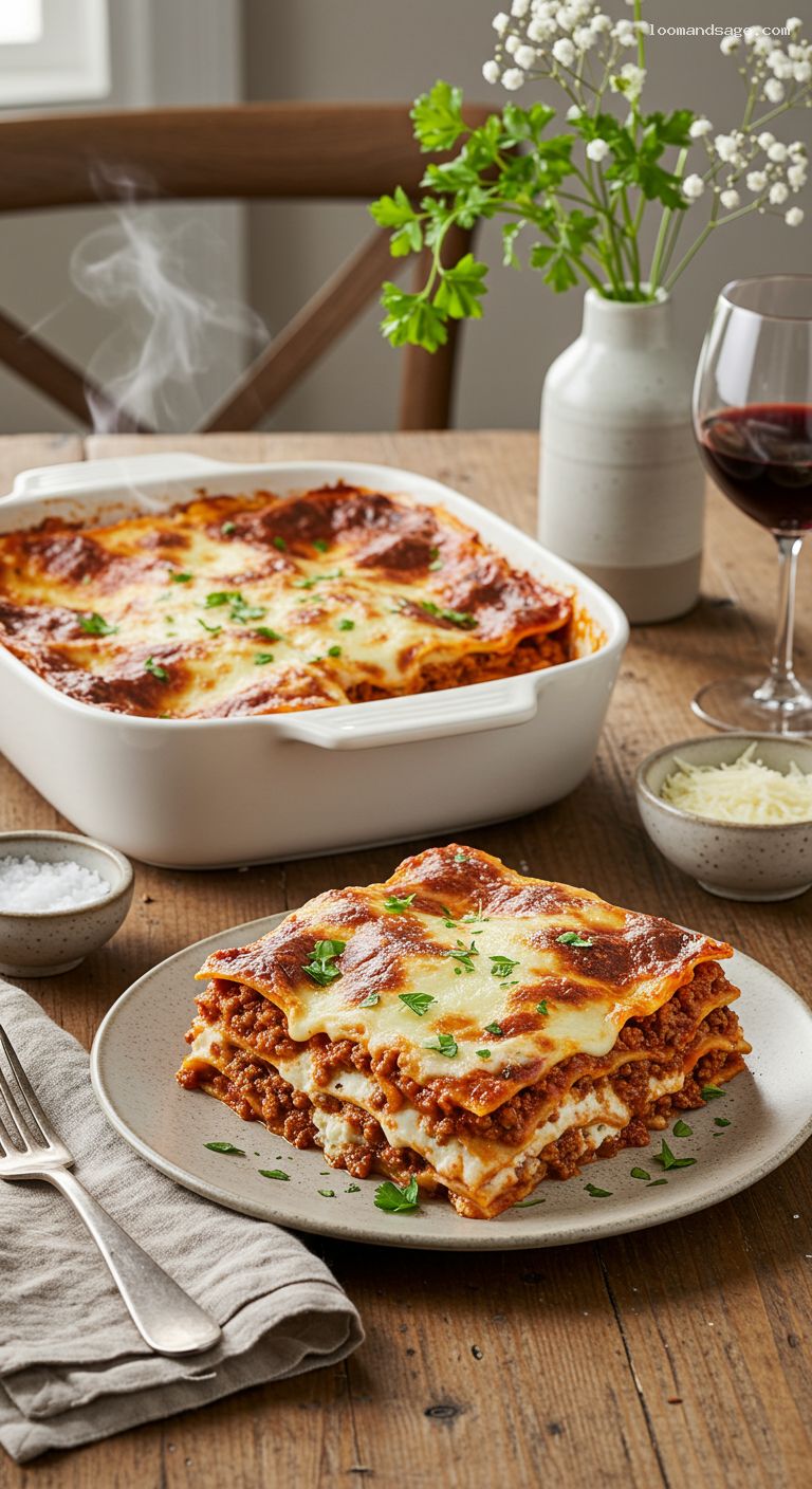 Baked Lasagna Bolognese with Ricotta and Mozzarella
