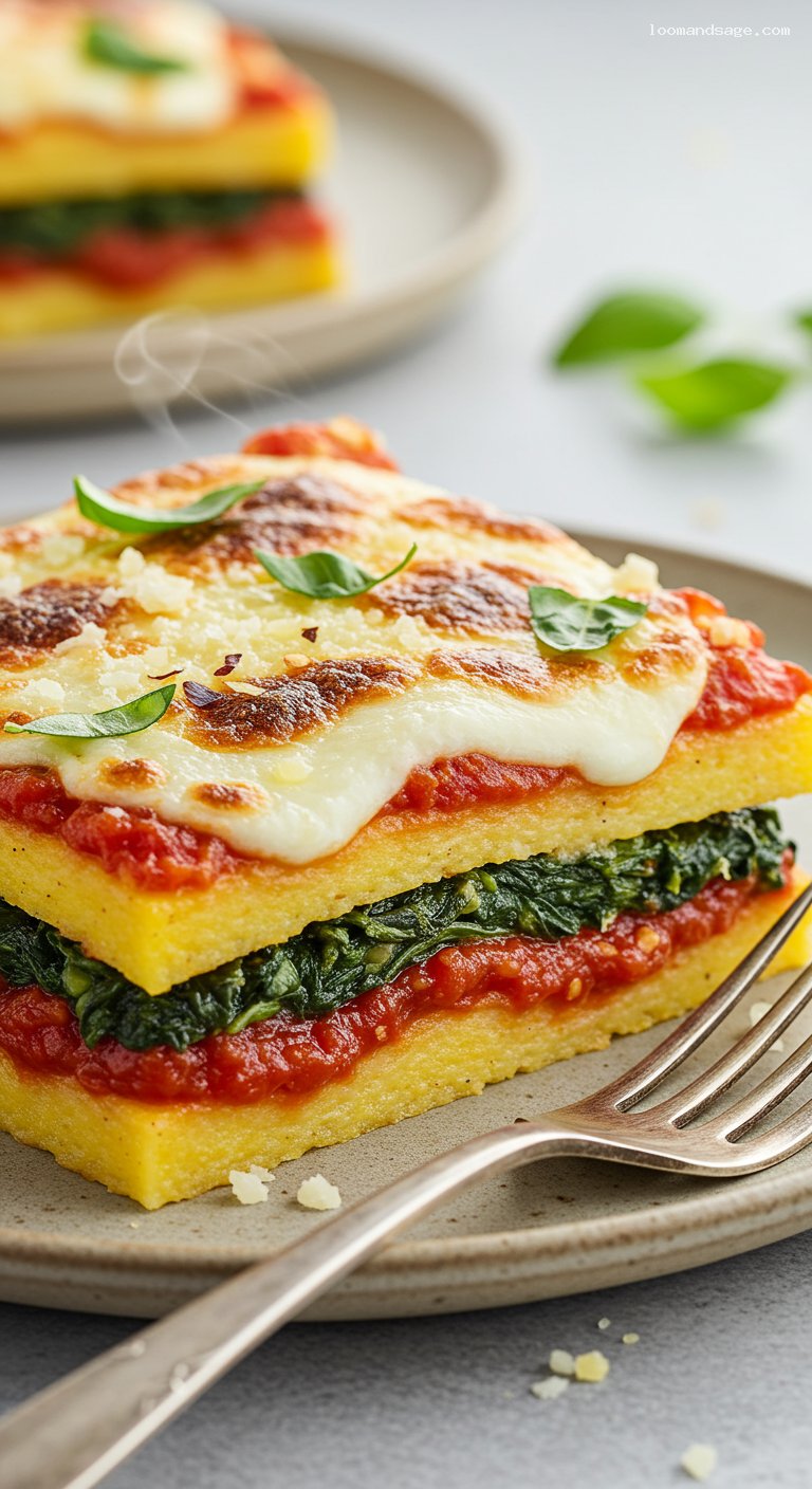Baked Polenta Lasagna with Spinach and Mozzarella – Closeup