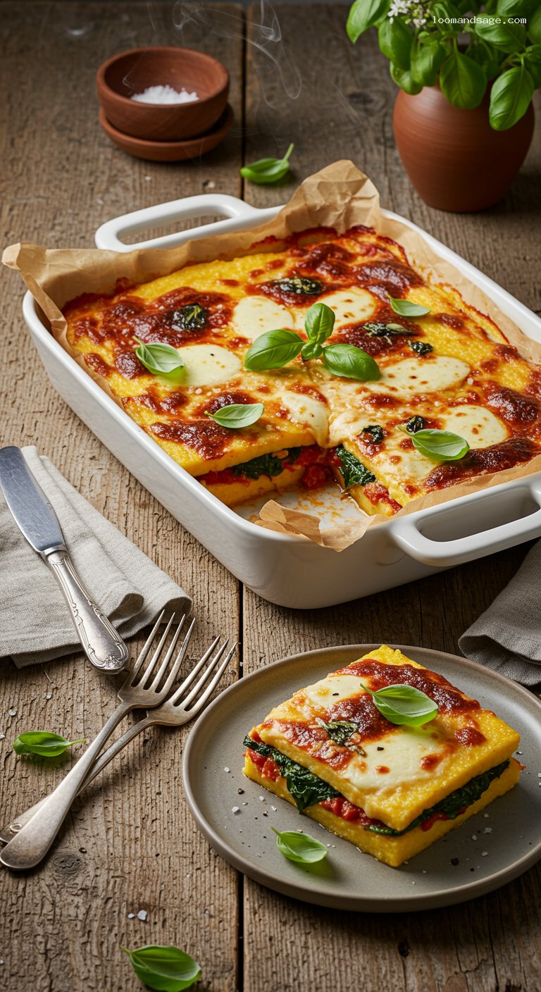 Baked Polenta Lasagna with Spinach and Mozzarella