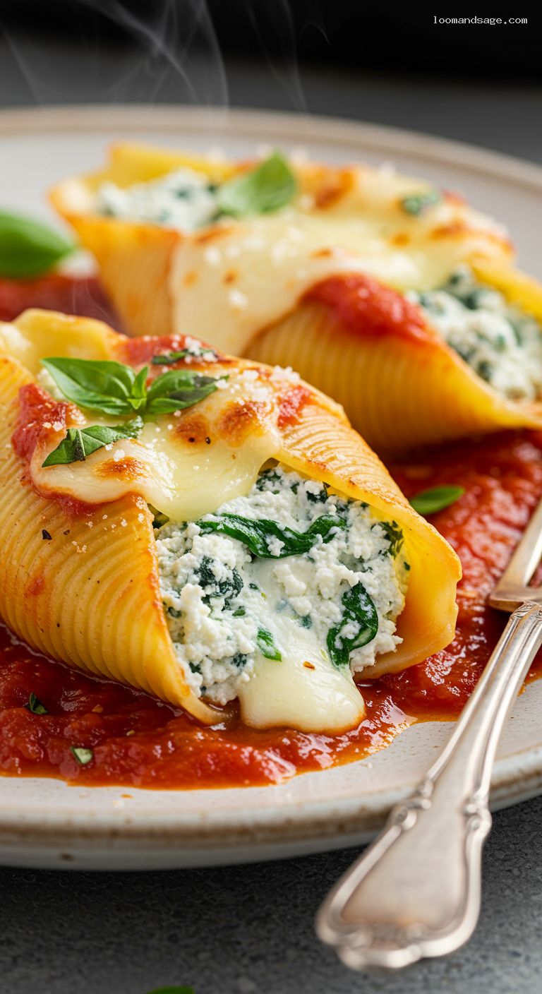 Baked Ricotta-Stuffed Shells with Spinach and Basil – Closeup