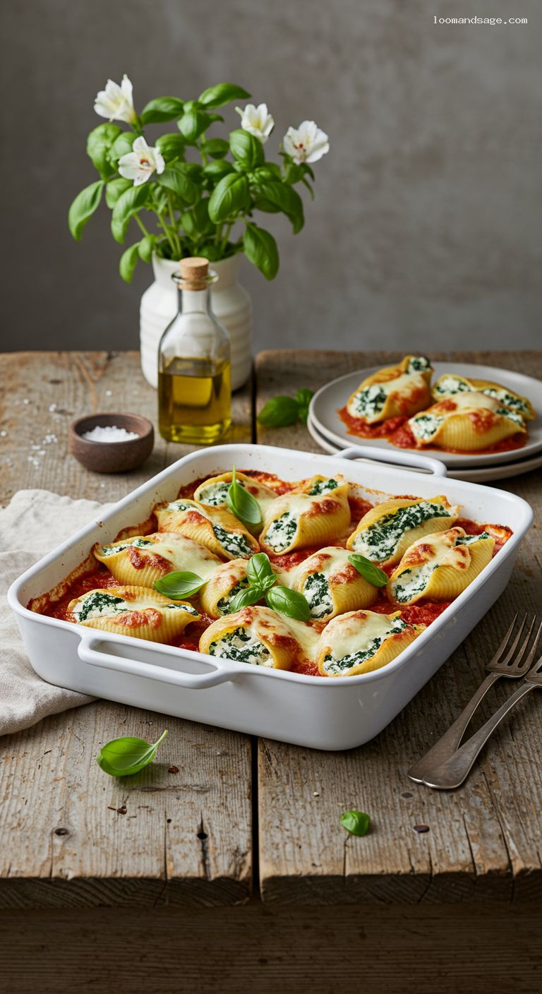 Baked Ricotta-Stuffed Shells with Spinach and Basil