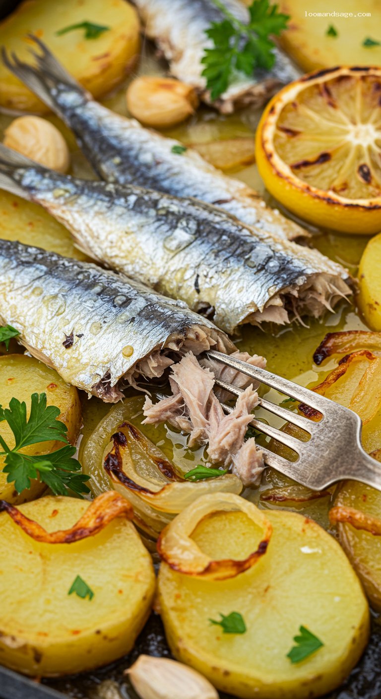 Baked Sardines with Potatoes, Onions, and Lemon – Closeup