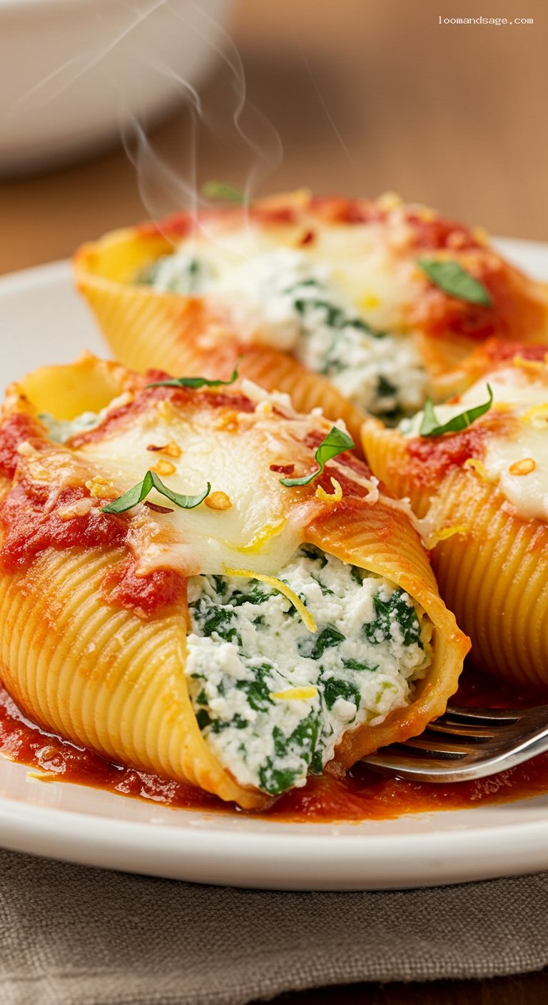 Baked Spinach Ricotta Stuffed Shells – Closeup