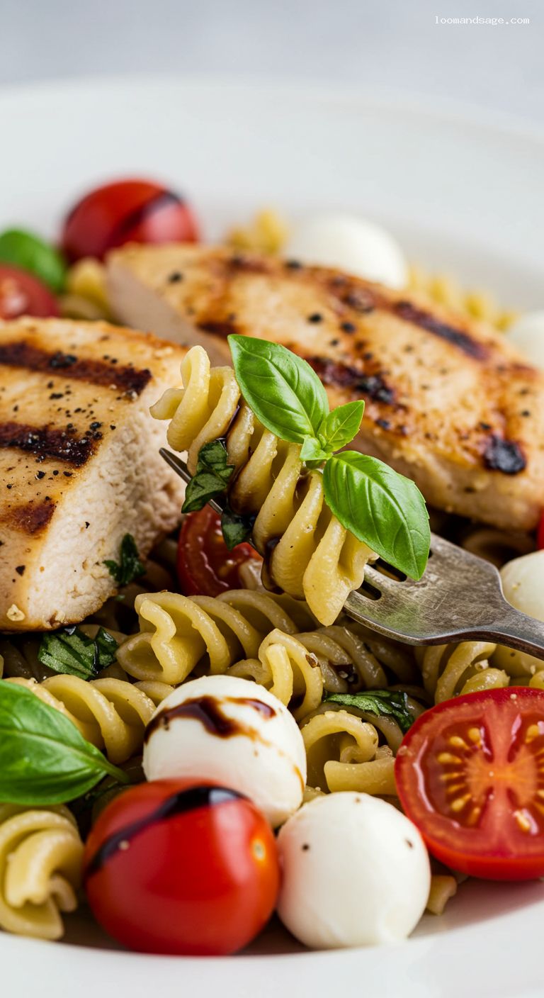 Balsamic Caprese Chicken Pasta Salad – Closeup