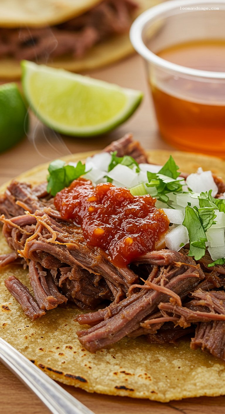 Barbacoa de Res with Rich Consomé and Warm Tortillas – Closeup