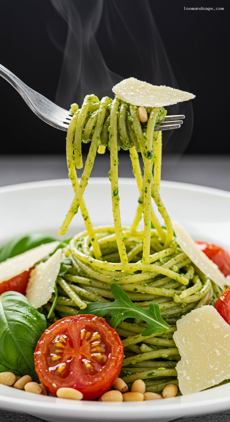 Basil Pesto Pasta with Cherry Tomatoes and Arugula – Closeup