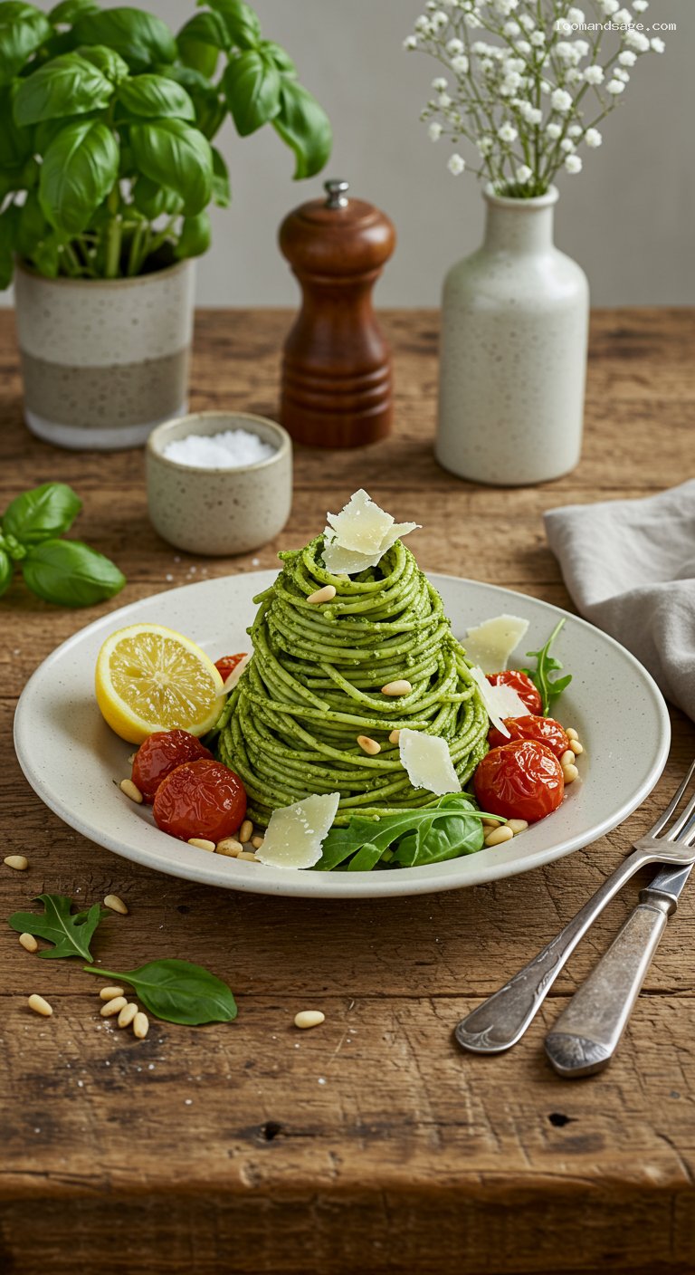 Basil Pesto Pasta with Cherry Tomatoes and Arugula