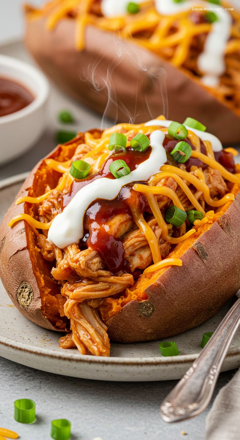 BBQ Chicken Stuffed Sweet Potatoes with Ranch – Closeup