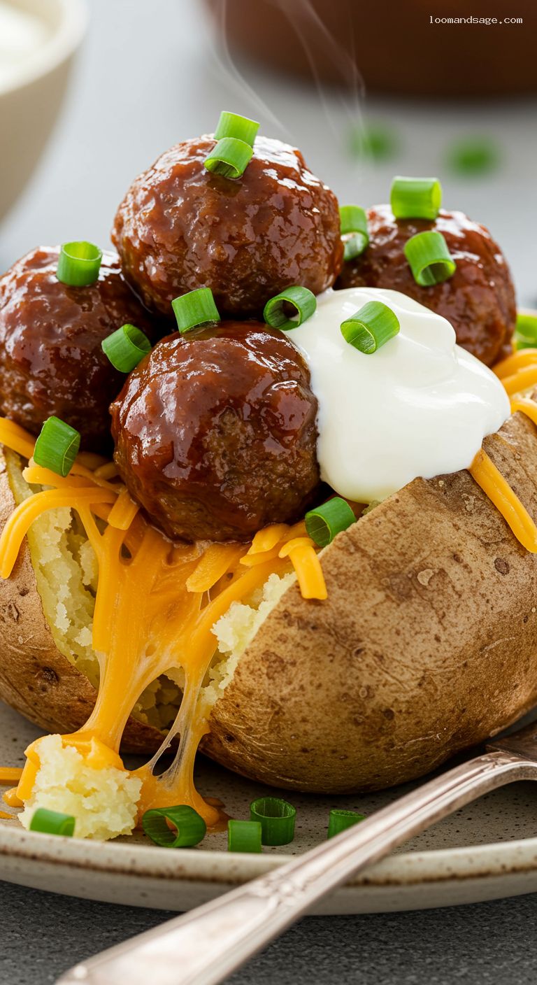 BBQ Meatball Baked Potatoes with Cheddar and Sour Cream – Closeup