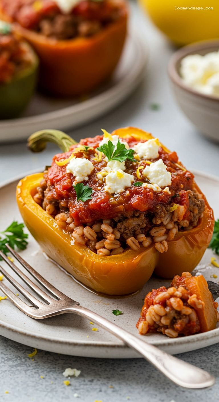 Beef and Barley Stuffed Peppers with Feta and Lemon – Closeup