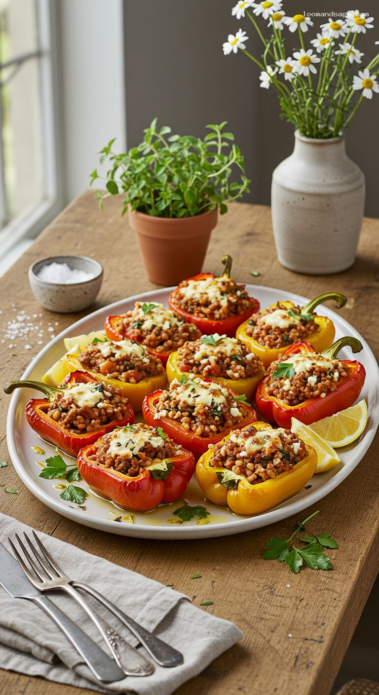 Beef and Barley Stuffed Peppers with Feta and Lemon