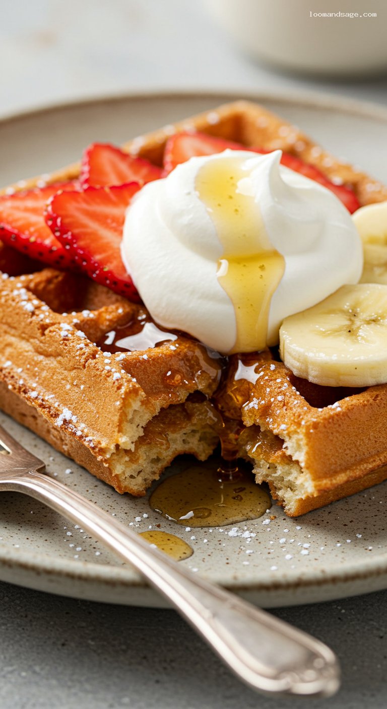 Belgian Waffles with Strawberries, Bananas, and Whipped Cream – Closeup