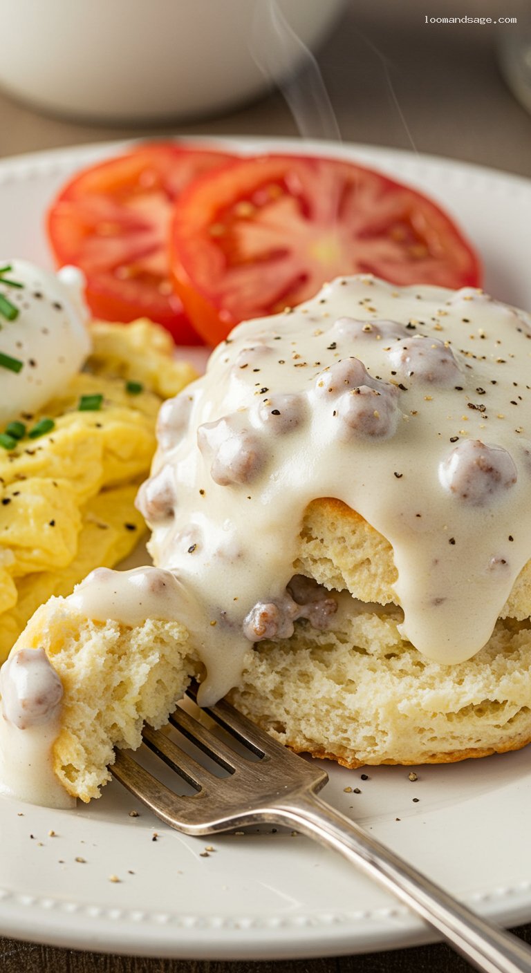 Biscuits and Sausage Gravy with Soft Scrambled Eggs – Closeup