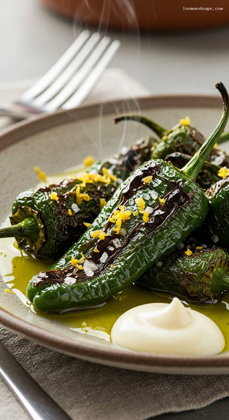 Blistered Padrón Peppers with Flaky Salt – Closeup