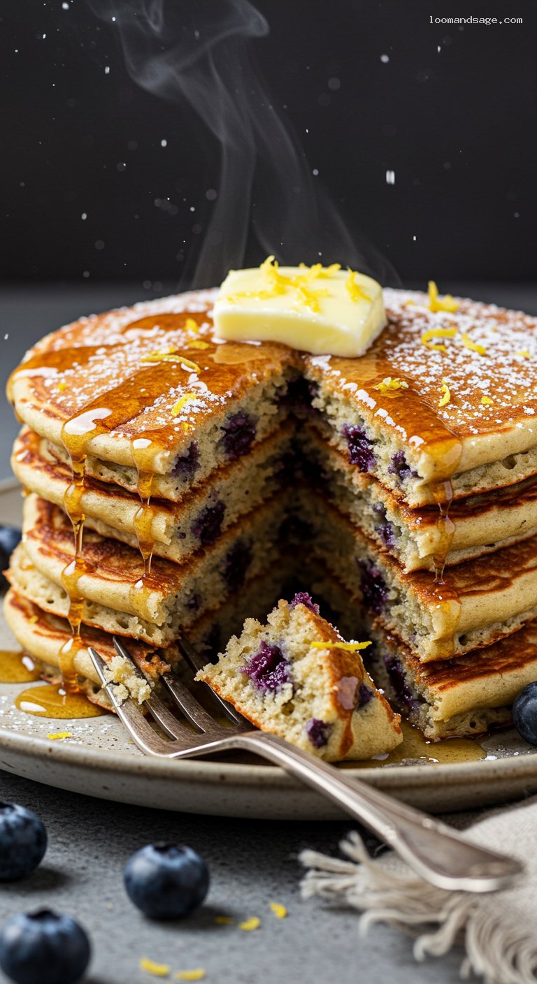 Blueberry Lemon Buttermilk Pancakes with Maple Butter – Closeup
