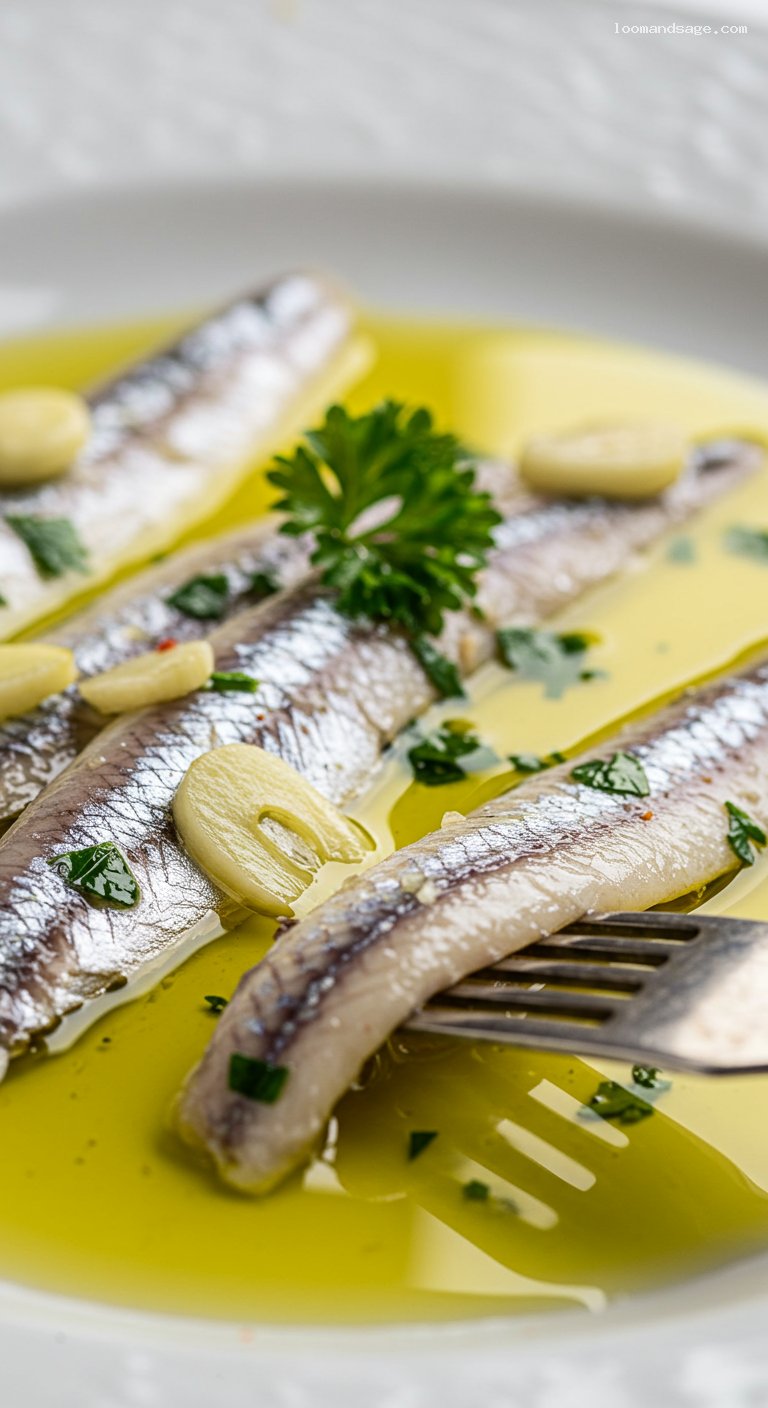 Boquerones en Vinagre with Garlic and Olive Oil – Closeup