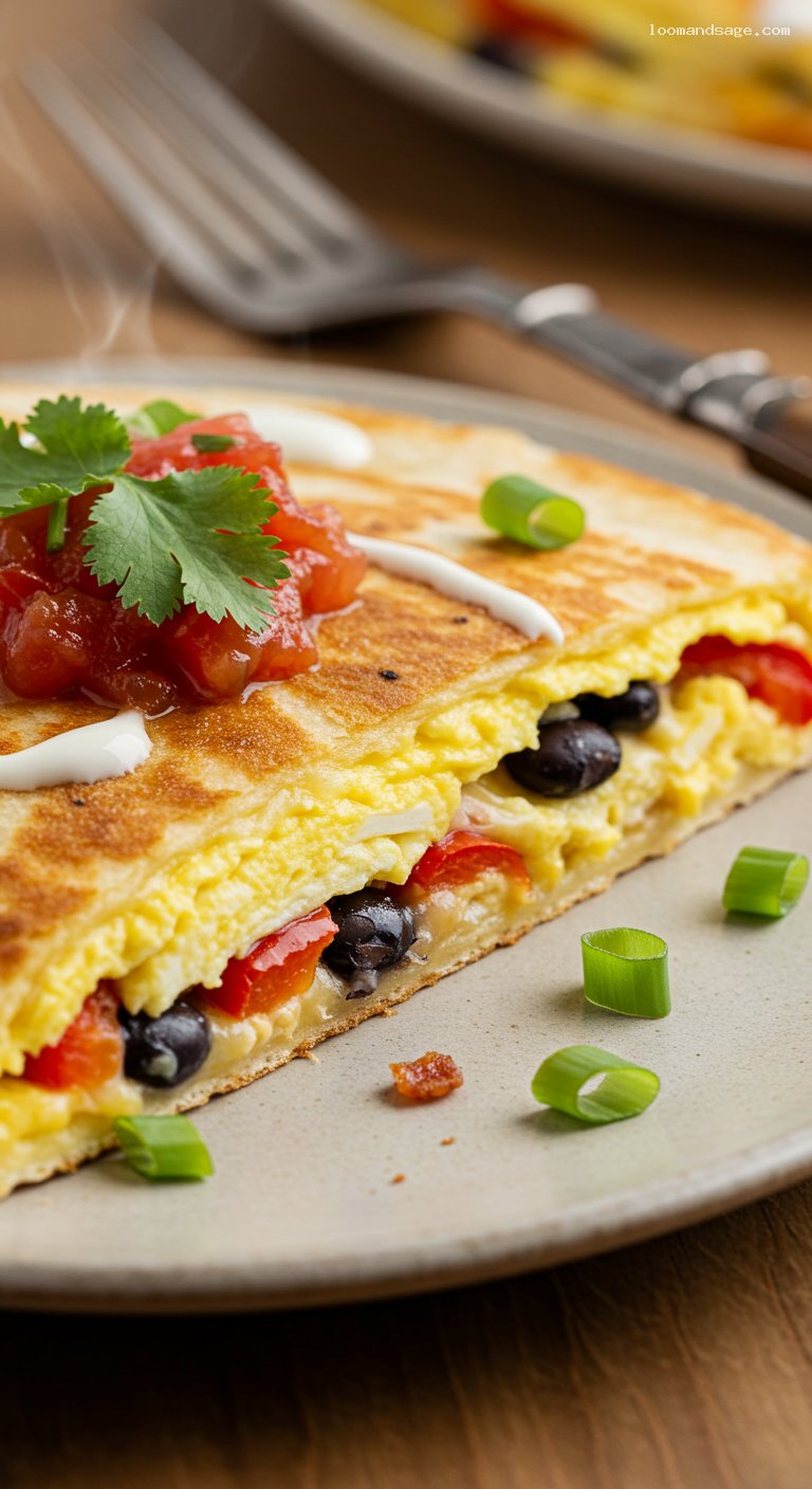 Breakfast Quesadillas with Eggs, Bacon, and Roasted Peppers – Closeup