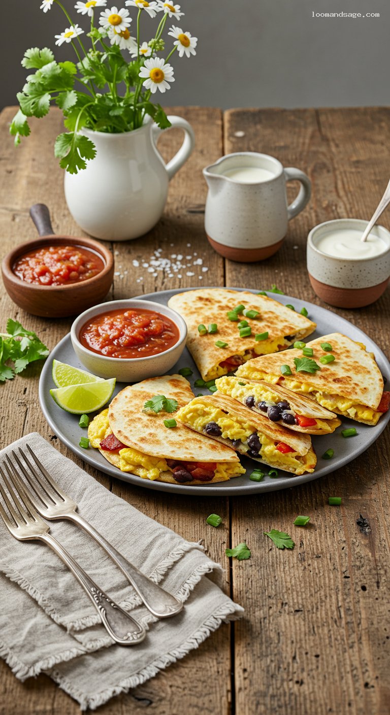 Breakfast Quesadillas with Eggs, Bacon, and Roasted Peppers