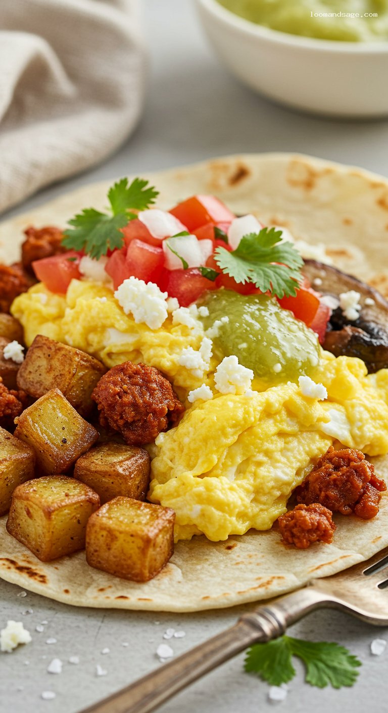 Breakfast Tacos with Eggs, Chorizo, and Salsa Verde – Closeup
