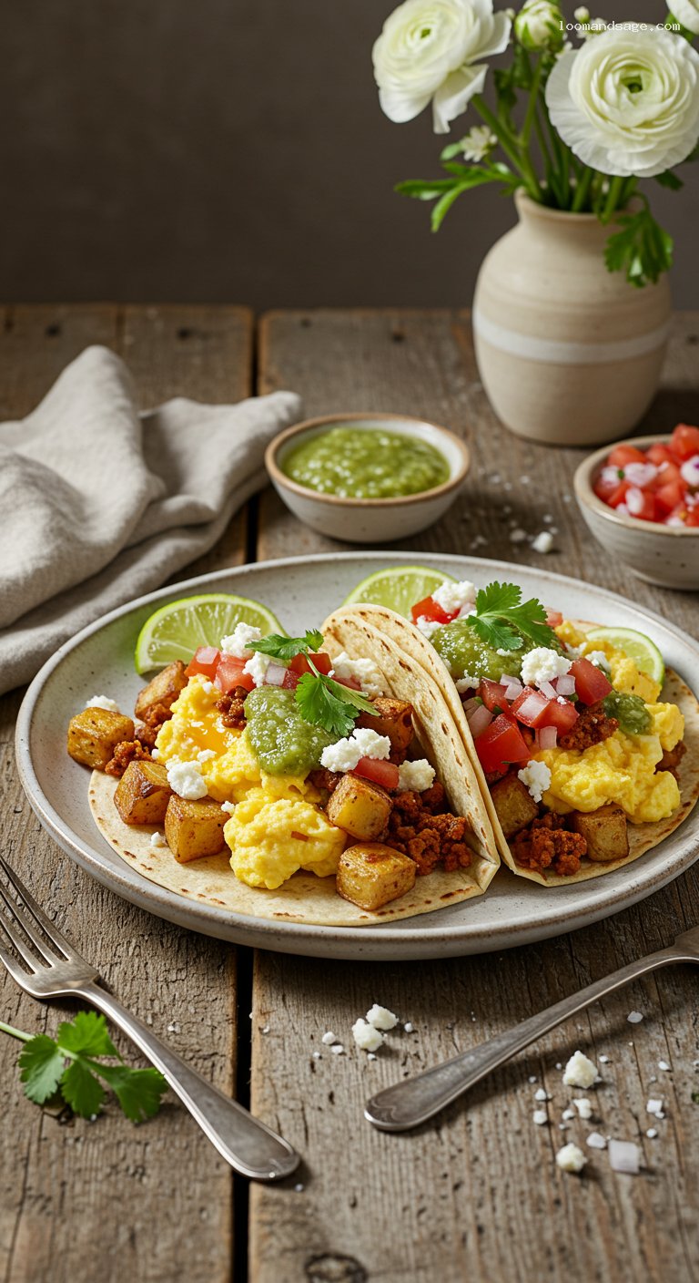 Breakfast Tacos with Eggs, Chorizo, and Salsa Verde
