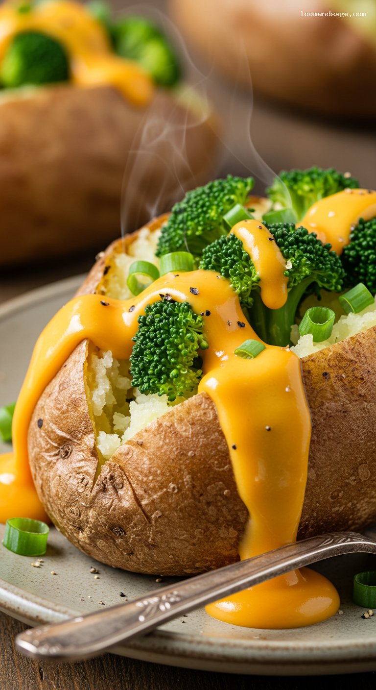 Broccoli Cheddar Baked Potatoes with Scallions – Closeup