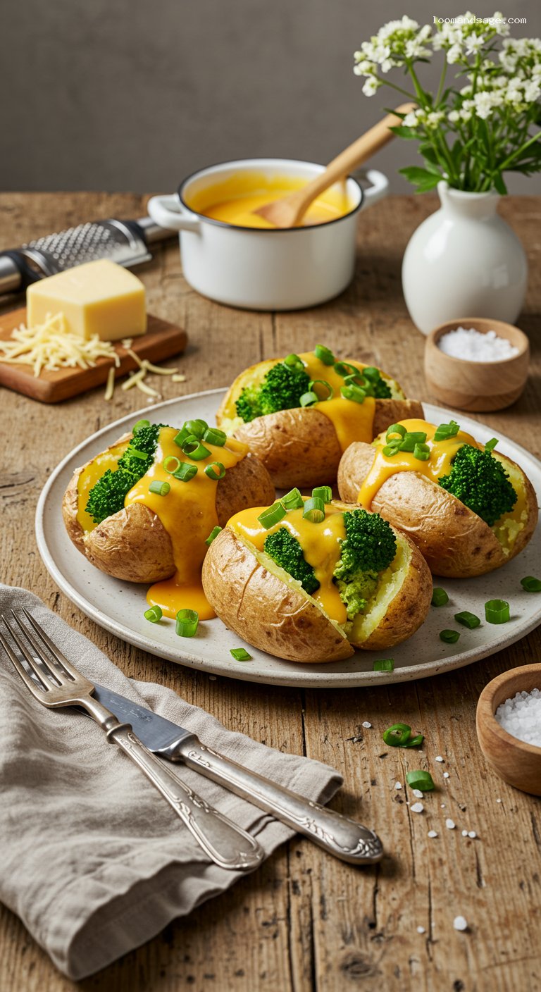 Broccoli Cheddar Baked Potatoes with Scallions