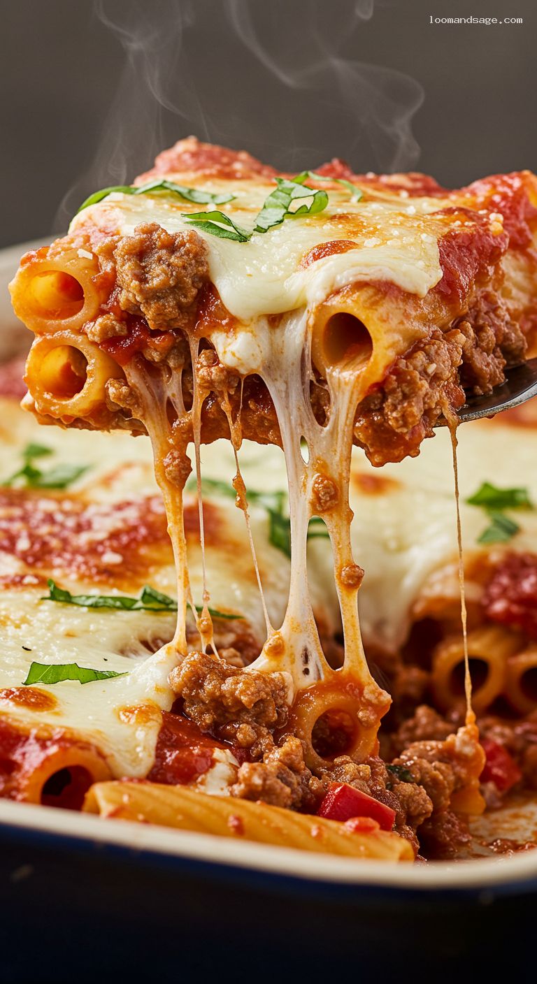 Broiled Baked Ziti with Sausage and Ricotta – Closeup