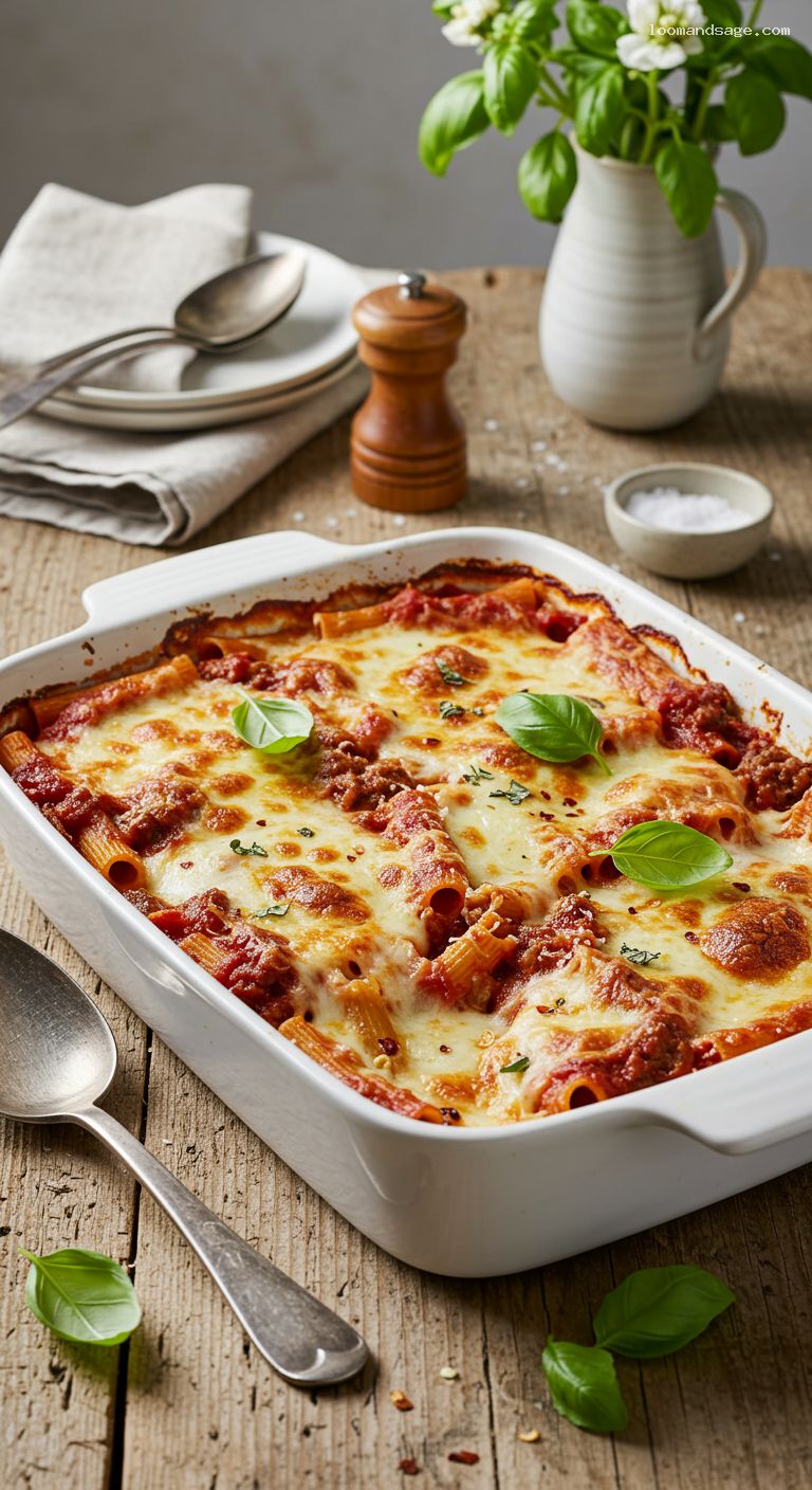 Broiled Baked Ziti with Sausage and Ricotta