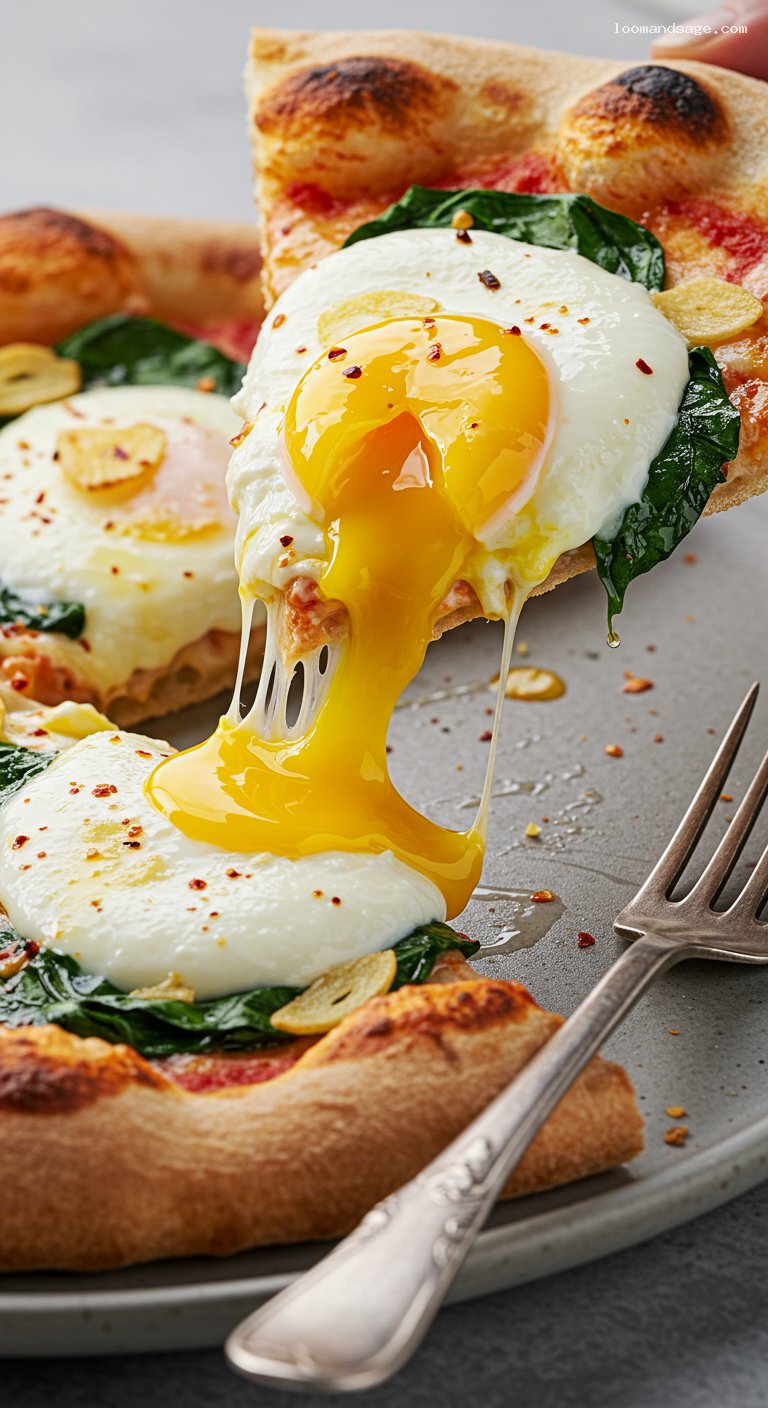 Brunch Pizza with Ricotta, Runny Eggs, and Chili Oil – Closeup