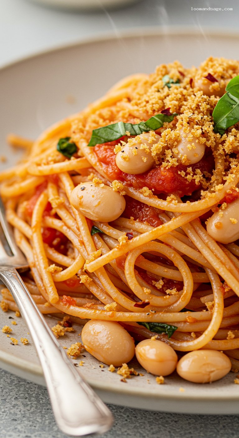 Butter Bean Pomodoro Pasta with Toasted Breadcrumbs – Closeup