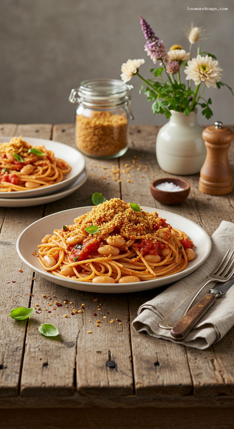 Butter Bean Pomodoro Pasta with Toasted Breadcrumbs