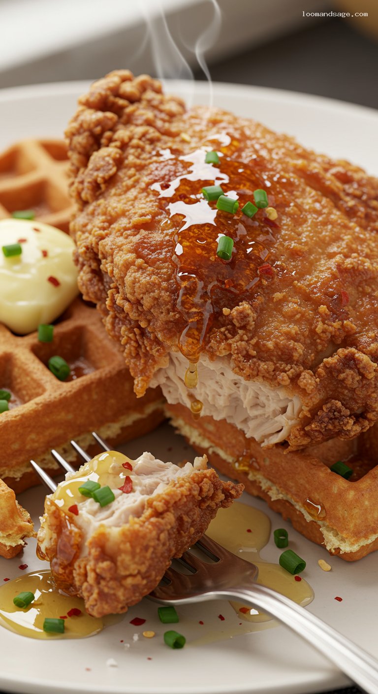 Buttermilk Fried Chicken and Waffles with Hot Honey – Closeup