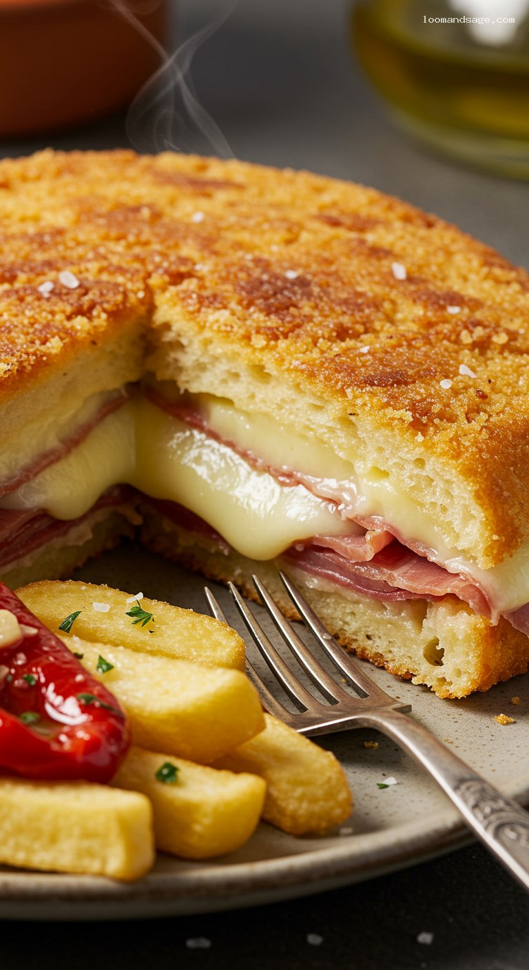 Cachopo Asturiano with Jamón, Cheese, and Fries – Closeup