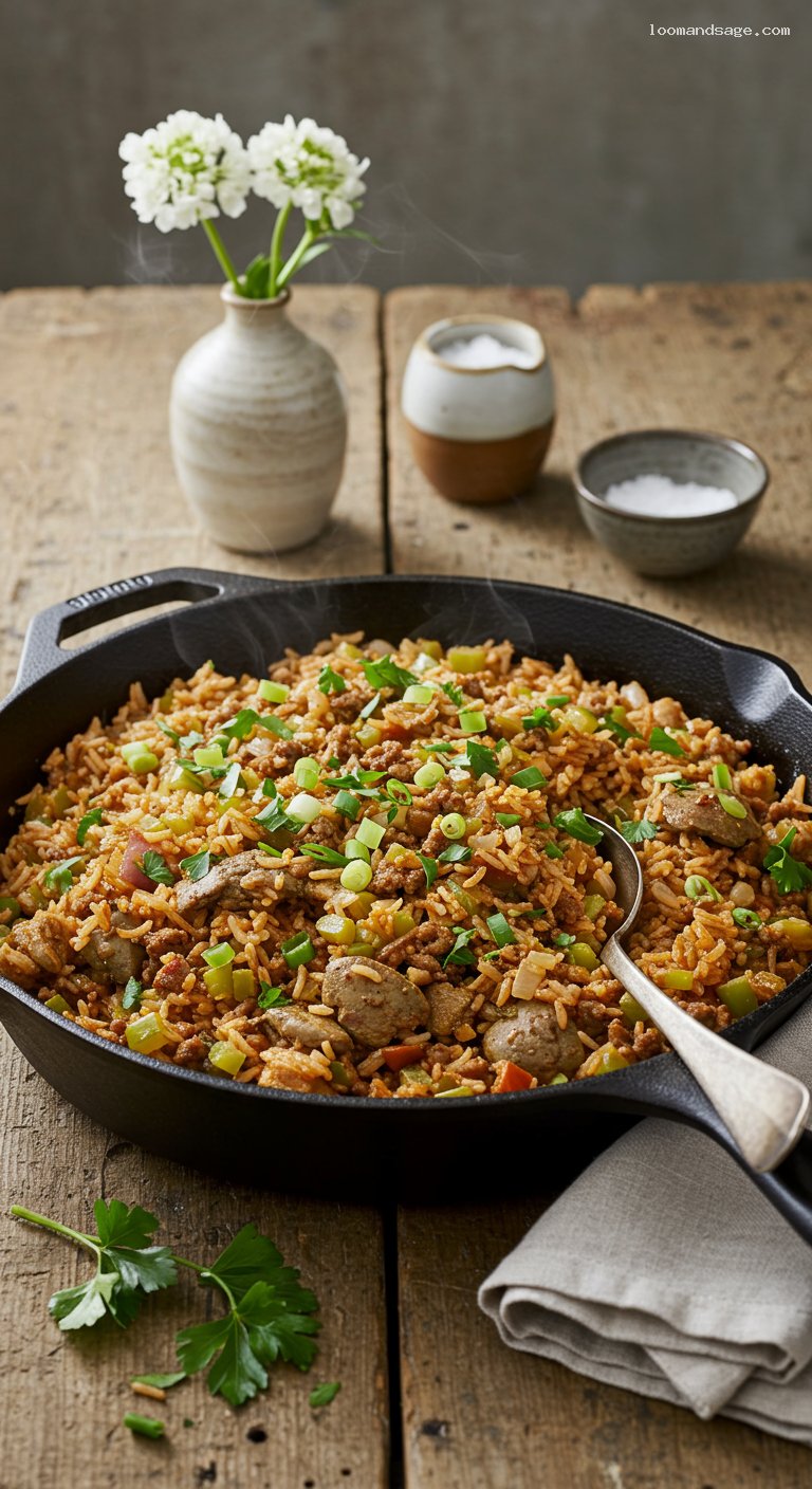 Cajun Dirty Rice with Pork, Chicken Livers, and Trinity