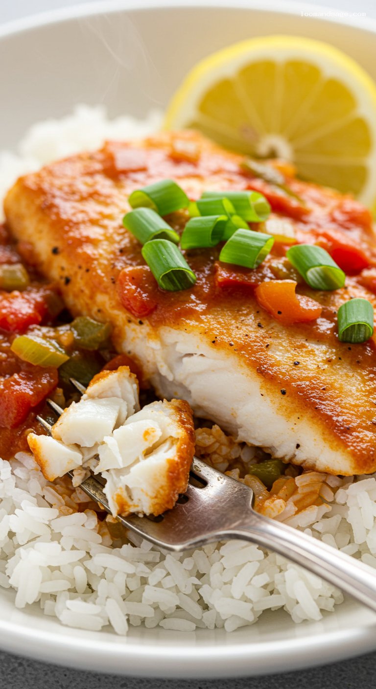Cajun Fish Court-Bouillon with Rice and Scallions – Closeup