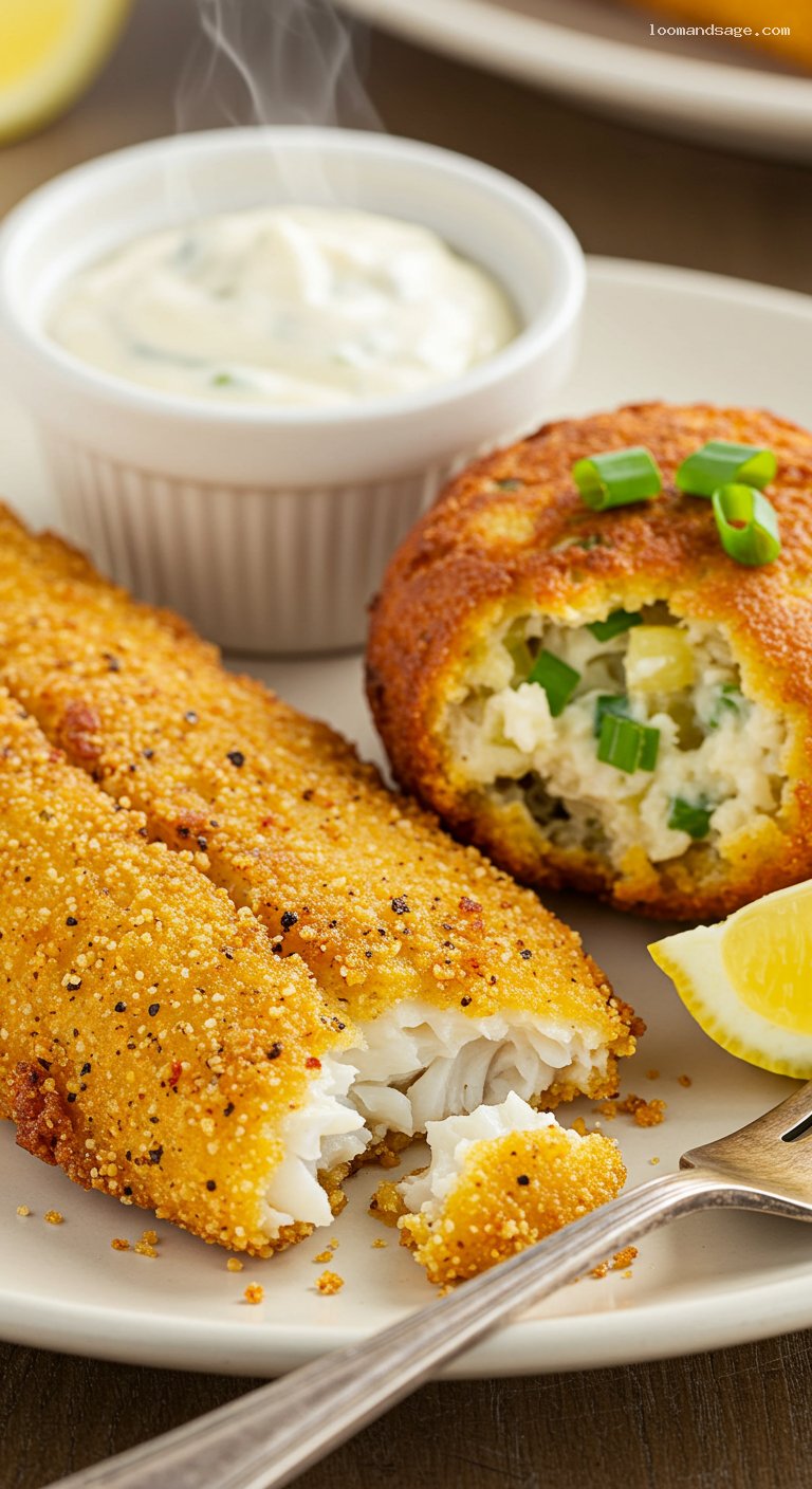 Cajun Fried Catfish with Hushpuppies and Tartar Sauce – Closeup