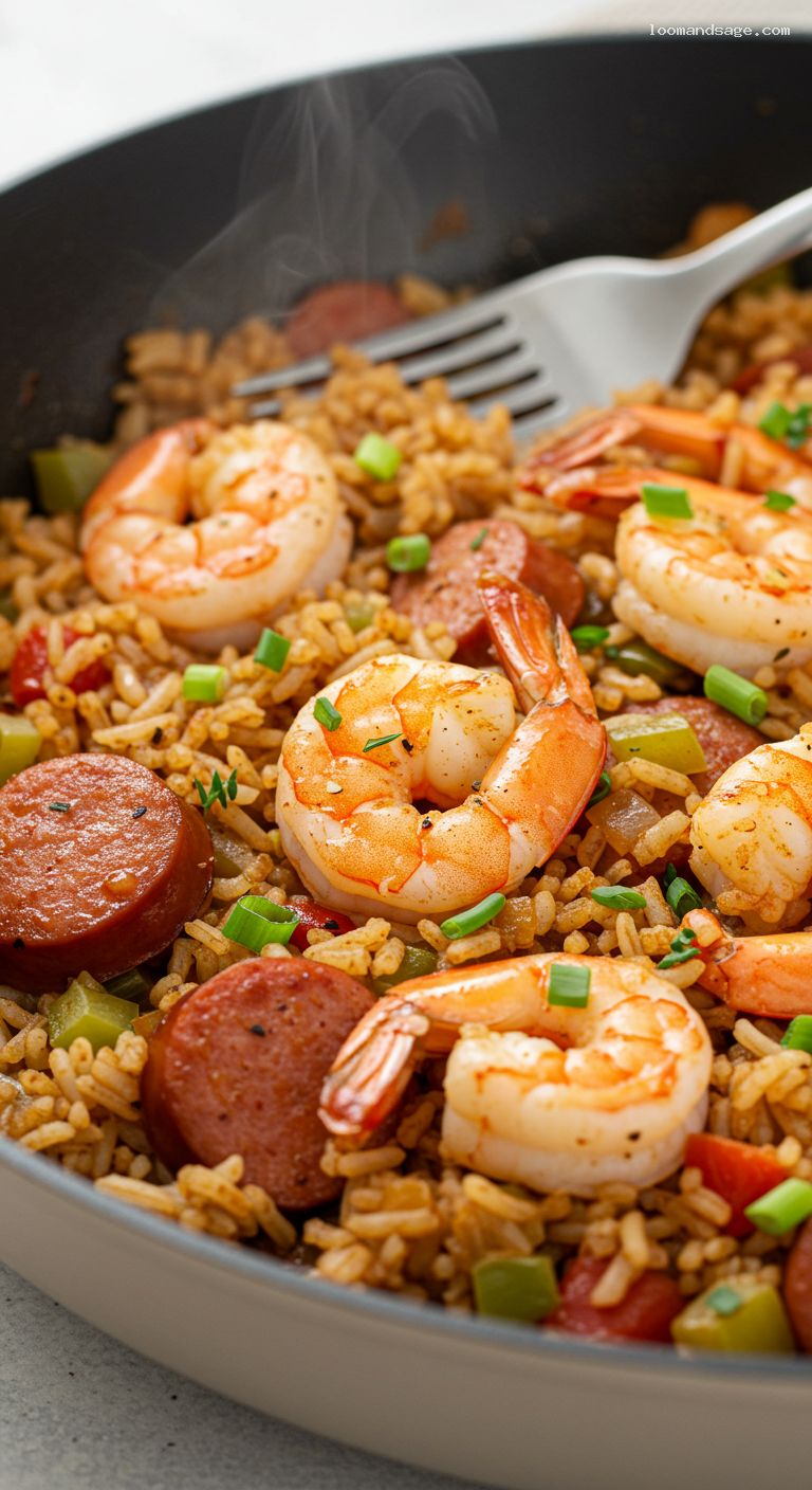 Cajun Shrimp and Sausage Dirty Rice Skillet – Closeup
