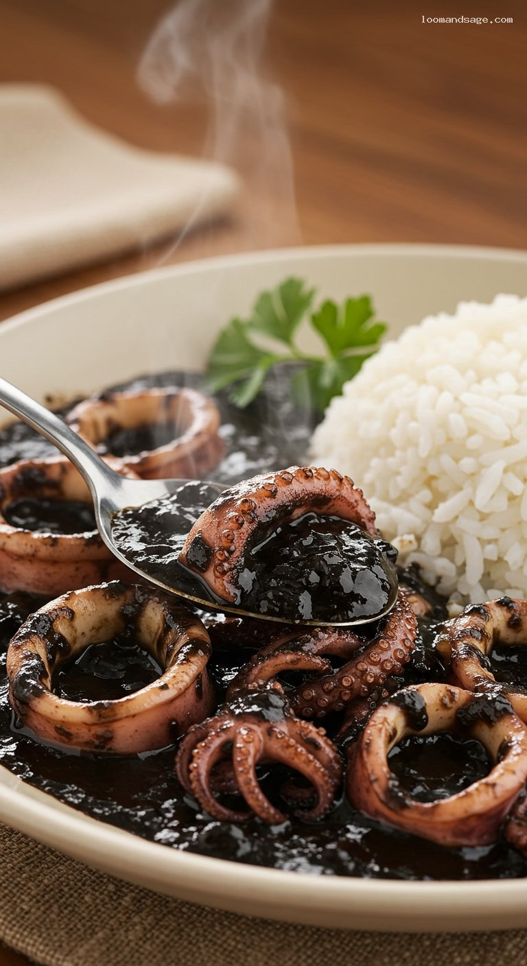Calamares en Su Tinta with White Rice – Closeup